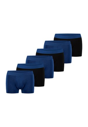 Sechs Paar Herren-Boxershorts, diagonal angeordnet, abwechselnd einfarbig schwarz und einfarbig marineblau.