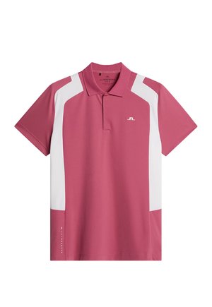 Polo rose avec des accents blancs. Il présente un col classique, des manches courtes et un logo sur la poitrine. Fabriqué à partir d'un tissu lisse.