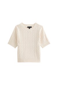 Kremowy sweter z dzianiny z krótkim rękawem, z teksturowanym wzorem w warkocze i ściągaczem na dole, wykonany z miękkiego materiału.