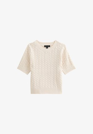 Kremowy sweter z dzianiny z krótkim rękawem, z teksturowanym wzorem w warkocze i ściągaczem na dole, wykonany z miękkiego materiału.