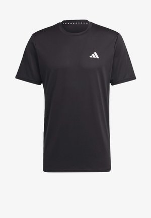 Black athletic t-shirt made of breathable fabric, featuring a round neckline, short sleeves, and a white logo on the chest. Textured design.