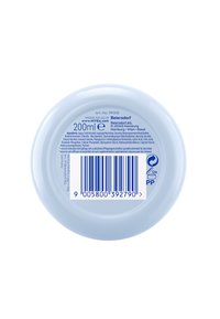 Helles blaues Plastikbehältnis, runde Form, 200 ml Fassungsvermögen. Rücketikett mit Produktinformationen, Barcode und Recycling-Symbolen in blauer Schrift.