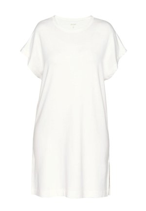 Biała tunika sukienka z krótkim rękawem, okrągłym dekoltem, luźnym krojem i małymi rozcięciami po bokach na dole.