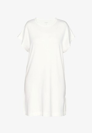 Weißes Tunika-Kleid mit kurzen Ärmeln, rundem Ausschnitt, lockerem Sitz und kleinen Seitenschlitzen am Saum.