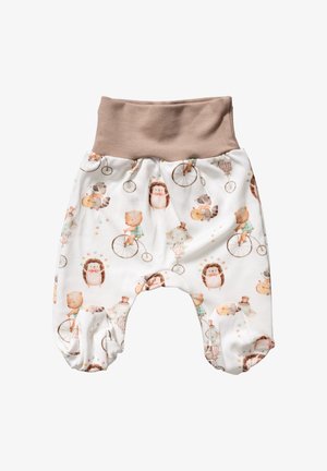 Bomuldsbukser til småbørn med en beige linning, der har et eventyrligt dyreprint i bløde pastelfarver og cirkulære mønstre.