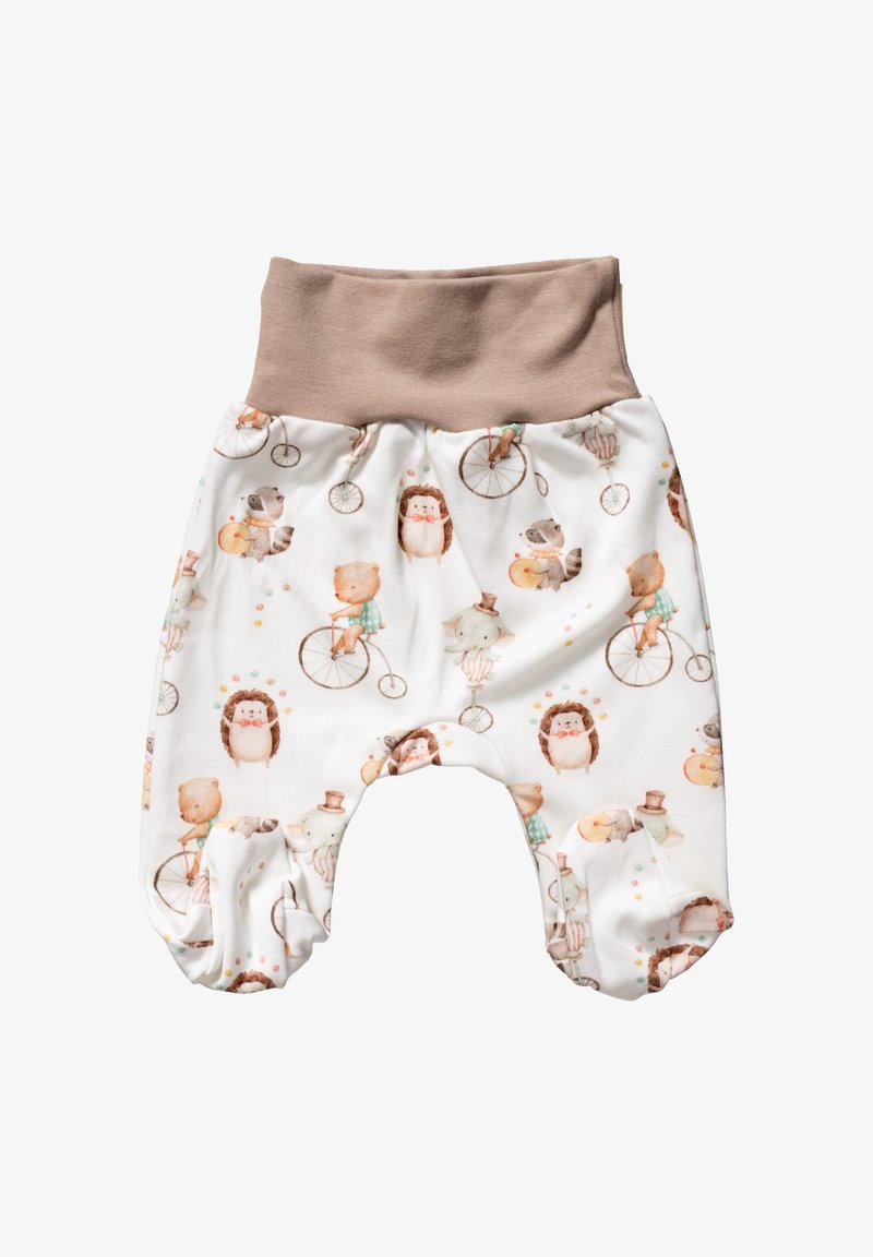 Katoenen peuterbroekje met een beige tailleband, voorzien van een speelse dierenprint in zachte pasteltinten en cirkelvormige patronen.