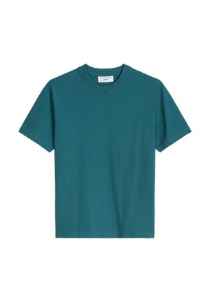 T-shirt en coton bleu sarcelle à manches courtes avec col rond et ourlet droit, présenté à plat sur un fond blanc.
