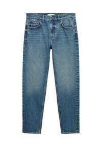 Blaue gerade geschnittene Jeans aus Denim mit Vorder- und Gesäßtaschen, Gürtelschlaufen, Knopfverschluss und dezenten Ausbleichungen an Oberschenkeln und Knien.