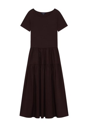 Dunkelbraunes, kurzärmeliges Midikleid mit figurbetontem Oberteil, mehrstufigem gerafftem Rock, rundem Halsausschnitt und lässigem Stil.