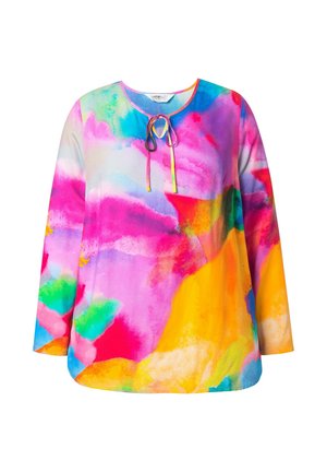 Multicolored long-sleeve top featuring an abstract watercolor pattern in pink, blue, yellow, and green with a round neckline and tie detail.