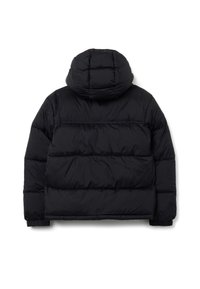 Giacca a puffo nera con design trapuntato e cappuccio. Presenta polsini elastici e un orlo leggermente abbassato per una maggiore copertura. Tessuto morbido.