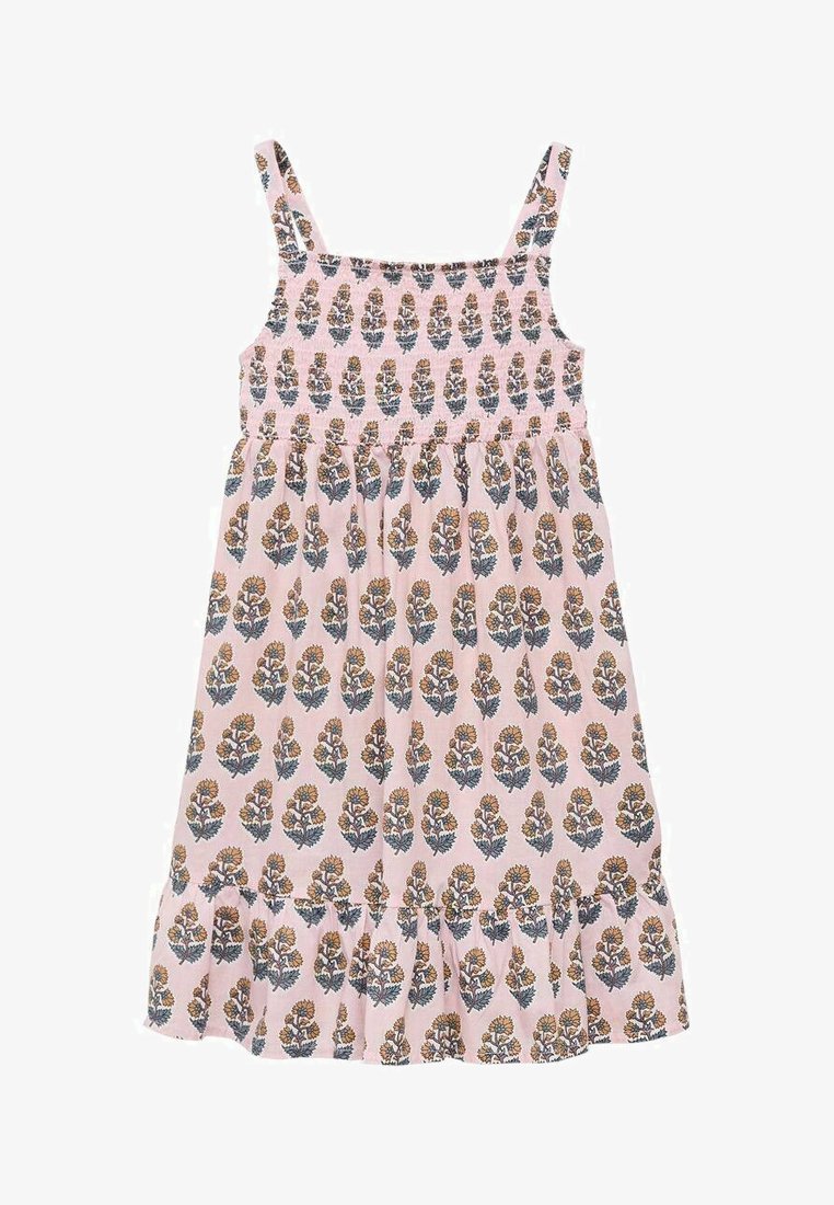 Oblačilo s cvetličnim vzorcem, z nabranim korzetom, tankimi naramenicami in večplastnim volančkom na robu. Osnovna barva je svetlo roza z modrimi in rumenimi cvetličnimi motivi.