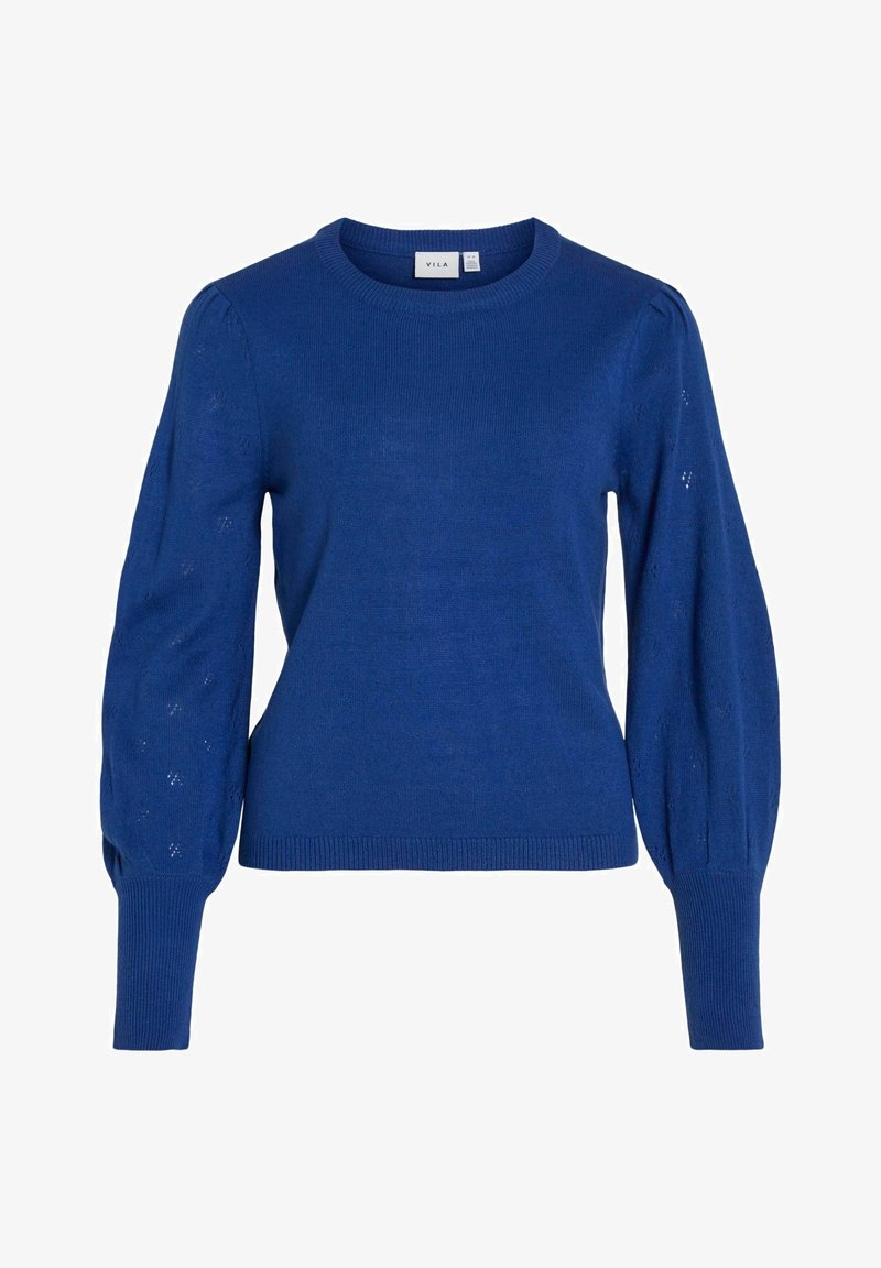 Pull tricot bleu avec manches longues bouffantes et poignets côtelés, présentant de petits motifs floraux en œillets sur les manches et un col rond.