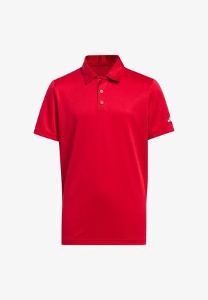 Rotes Polohemd mit einem Kragen, drei Knöpfen, kurzen Ärmeln und einer glatten Textur. Mit Logo auf dem linken Ärmel.