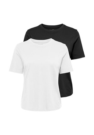 Twee eenvoudige katoenen T-shirts, één wit aan de voorkant en één zwart aan de achterkant, beide met korte mouwen en ronde halslijnen.