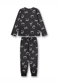 Schwarzes Langarmoberteil und Hosen-Set mit weißen lächelnden und traurigen Gesichtsmustern, elastischem Taillenbund und Bündchen an den Hosen.