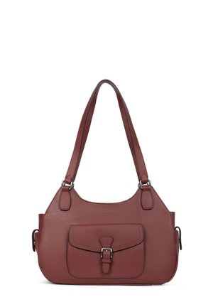 Borsa a tracolla rossa in pelle con una superficie testurizzata, due manici, una tasca frontale e un dettaglio con fibbia argentata.