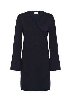 Navyblaues langärmliges Strickkleid mit einer gewellten V-Ausschnittlinie und Wickel-Frontdetail.