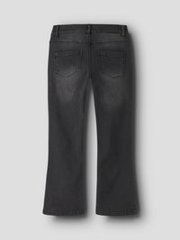 Schwarze Denim-Flared-Jeans mit hoher Taille, fünf Taschen und dezentem Farbverlauf. Der Stoff hat eine weiche Textur und eine strukturierte Passform.