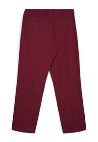 Burgunderfarbene Loungehosen mit einem elastischen Bund, ausgestattet mit zwei Gesäßtaschen und einer glatten, weichen Textur mit geradem Bein-Design.