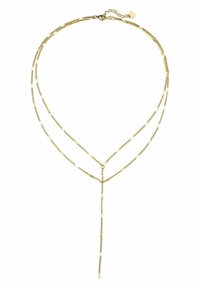 Złota naszyjnik warstwowy z delikatnymi łańcuszkami, prostokątnymi akcentami, w kształcie litery Y oraz z zapięciem typu toggle umożliwiającym regulację.