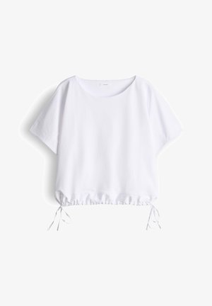 Witte korte mouw losse blouse met ronde halslijn en verstelbare trekkoorden aan de zoom.