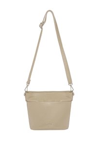 Borsa a tracolla in pelle crema con tracolla regolabile, forma rettangolare, texture liscia e tasca frontale a soffietto. Presenta una marcatura discreta.
