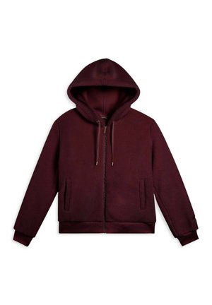 Felpa con zip color bordeaux, dotata di cappuccio regolabile con coulisse, due tasche laterali e polsini a costine. Tessuto morbido con un design casual.