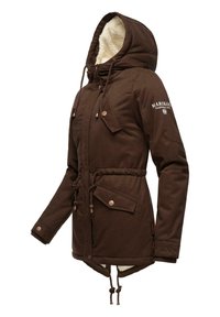 Brown parka jacket with a fur-lined hood, drawstring waist, front pockets, and decorative buttons. Features an embroidered logo on the sleeve.
