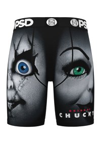 Boxer neri con stampe di volti di bambole, uno con un occhio blu e l'altro con un occhio verde, e il testo "BRIDE OF CHUCKY."