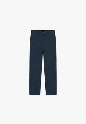 ТемноModra bombažna hlače s ravnim nogama, z enim gumbom za zapiranje na pasu in dvema stranskima žepoma.