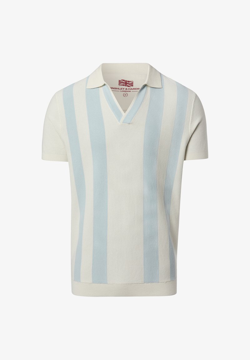 Kurzärmeliges Strickshirt mit hellblauen und weißen vertikalen Streifen, V-Ausschnitt und strukturierter Stoff.