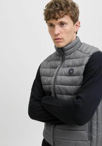 Pelēks pūkains veste ar augstu apkakli, izšūtu tekstūru un melniem džemperiem. Tam ir rāvējslēdzis priekšpusē un logotipa akcenti uz krūtīm.