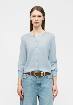 Donna con capelli castani lisci indossa un cardigan azzurro chiuso con bottoni, jeans larghi blu e una cintura marrone con fibbia dorata.