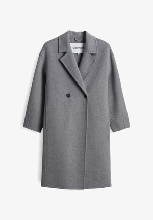 Long grey wool coat with wide lapels, two black buttons, and side pockets, displayed on a white background.