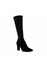 Botte au-dessus du genou en suède noir avec un bout pointu et un talon bloc. Présente un haut ajusté avec une texture lisse et un design sans couture.