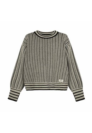 Długi sweter dziany w czarno-biały wzór, z prążkowanymi ściągaczami na rękawach, u dołu i przy dekolcie, z małą białą metką blisko dolnej krawędzi.