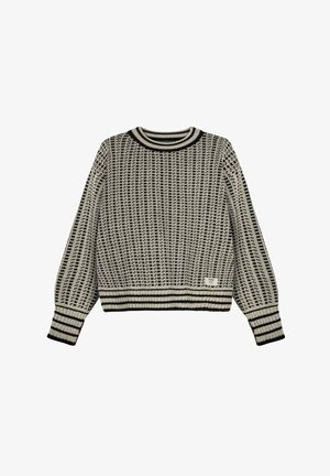 Schwarz-weiß gemusterter langärmeliger Strickpullover mit gerippten Bündchen, Saum und Ausschnitt, mit einem kleinen weißen Label nahe dem unteren Saum.