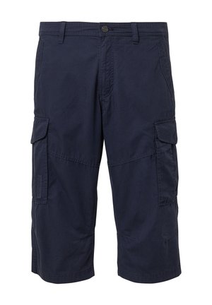 Marine Cargo-Shorts aus leichtem Material, ausgestattet mit zwei Seitentaschen und zwei Cargo-Taschen mit Klappen. Strukturiertes Muster.