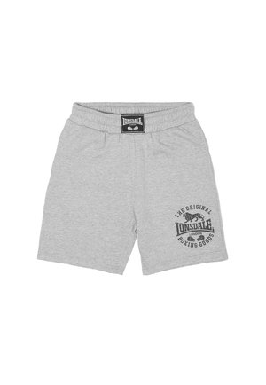 Hellgraue Sportshorts mit elastischem Bund, Lonsdale London Logoaufnäher auf der Vorderseite und aufgedrucktem Text "The Original Boxing Goods" am linken Bein.