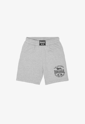 Heledataskad hallid sportlühikesed püksid elastse vöökohaga, ees Lonsdale Londoni logo patch ja vasakul jalal trükitud tekst "The Original Boxing Goods".