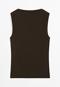 Sleeveless dark brown tank top with a round neckline, shown flat from the back on a white background.