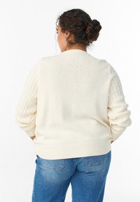 Kreemivärviline kootud kampsun, millel on tekstureeritud, palmikmustriga varrukad ja ribiga ääris. Kantud siniste teksapükste kohal, vaadatuna tagantpoolt.