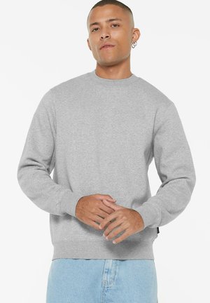 Gray sweatshirt with round neckline, long sleeves, and ribbed cuffs. Fabric appears soft with a smooth texture, worn over light blue jeans.
