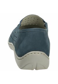 Blue suede slip-on shoe with a perforated design, white rubber sole, and grey interior lining. Stitched accents along the sole.