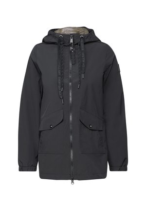 Zwarte lichtgewicht jas met een capuchon, een ritssluiting aan de voorkant, twee grote knoopzakken en trekkoorden. Gladde textuur en casual ontwerp.