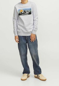 Světle šedá mikina s grafickým designem zobrazujícím hory a slunce; v kombinaci s tmavě modrými volnými džíny a béžovými teniskami s černými pruhy.