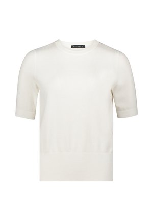 Witte gebreide top met korte mouwen en een ronde halslijn, met een zachte textuur en een rechte snit die bij de taille eindigt.