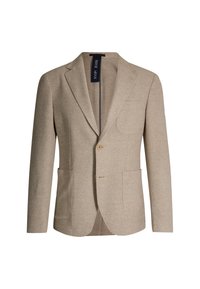 Blazer beige realizzato in tessuto strutturato, dotato di due tasche frontali, una chiusura a singolo bottone e un colletto con rever.