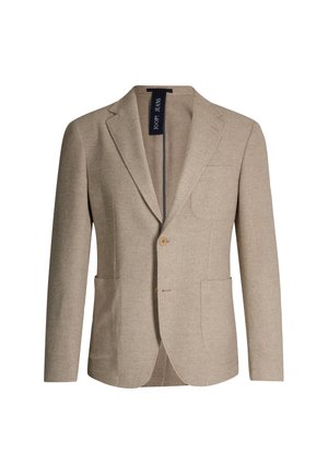 Beige Blazer aus strukturiertem Stoff, mit zwei vorderen Taschen, einem Knopfverschluss und einem Reverkragen-Design.